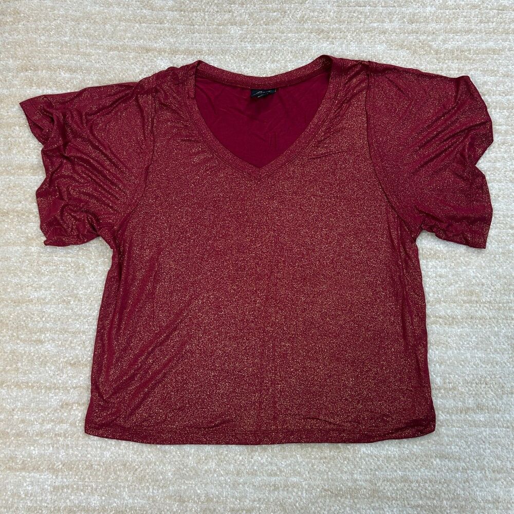 Oak and Trellis Blouse Shirt Womens XS Red Metallic Flutter Sleeve